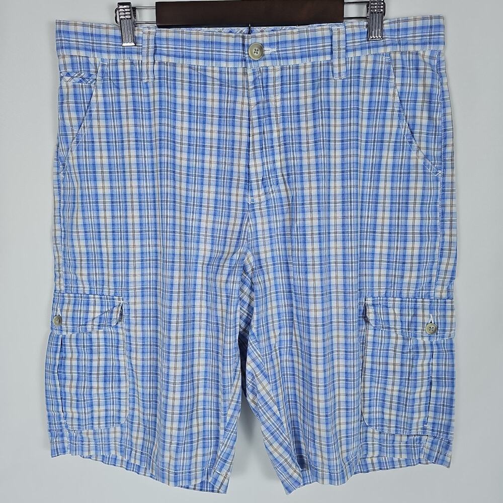 Age of Wisdom Mens Plaid Cargo Shorts Blue/White Cotton Pockets Summer, Size: 36